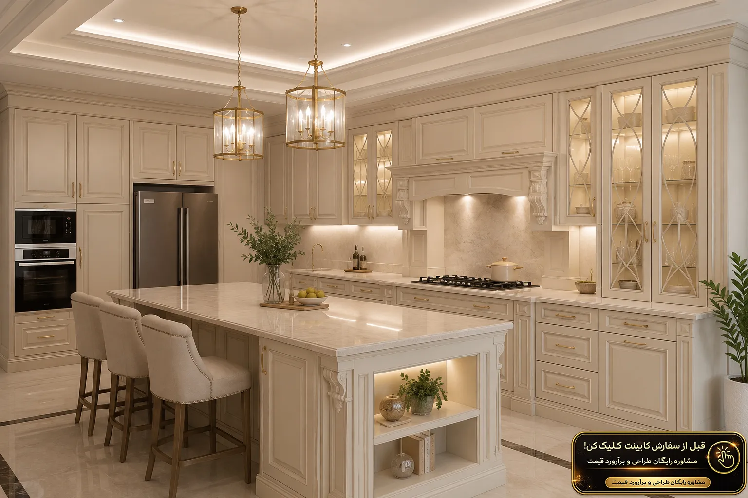 کابینت پلی اورتان نئوکلاسیک بژ روشن با جزیره بزرگ و صفحه سنگ کوارتز لوکس مناسب آشپزخانه‌های مدرن و لوکس سال ۱۴۰۵