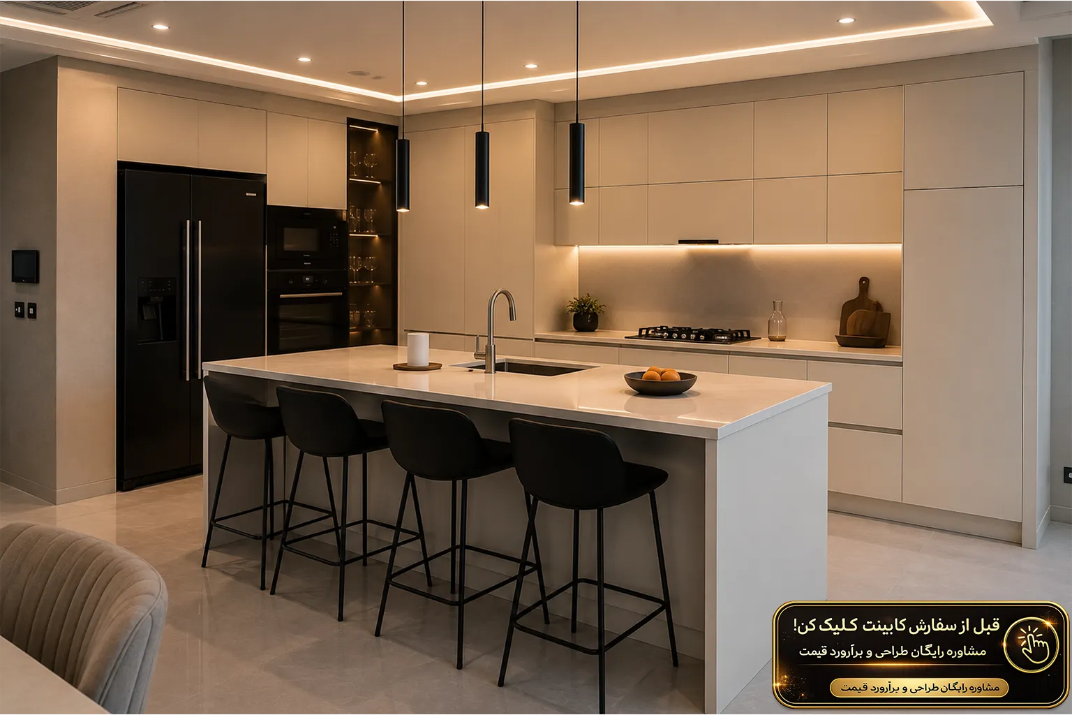 کابینت پلی اورتان مدرن با جزیره بزرگ و طراحی لوکس مناسب خانه‌های متراژ بالا
