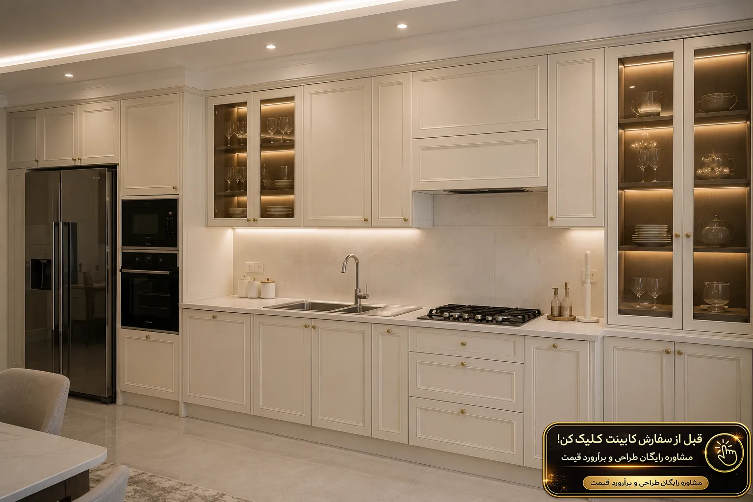 کابینت پلی اورتان کرم روشن با ویترین شیشه دودی و نورپردازی مخفی داخلی
