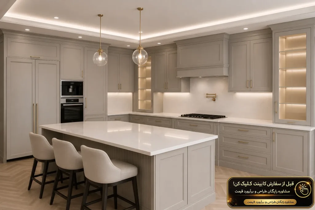 کابینت نئوکلاسیک خاکستری با صفحه کوارتز روشن و طراحی مدرن