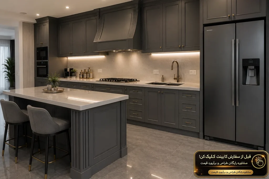 کابینت نئوکلاسیک خاکستری با نورپردازی مخفی و کاور هود زیبا