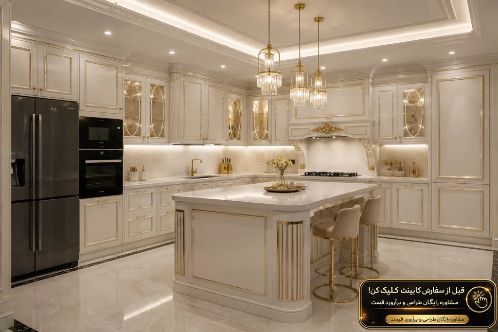 کابینت نئوکلاسیک سفید با جزئیات طلایی و قاب‌بندی ظریف در آشپزخانه لوکس