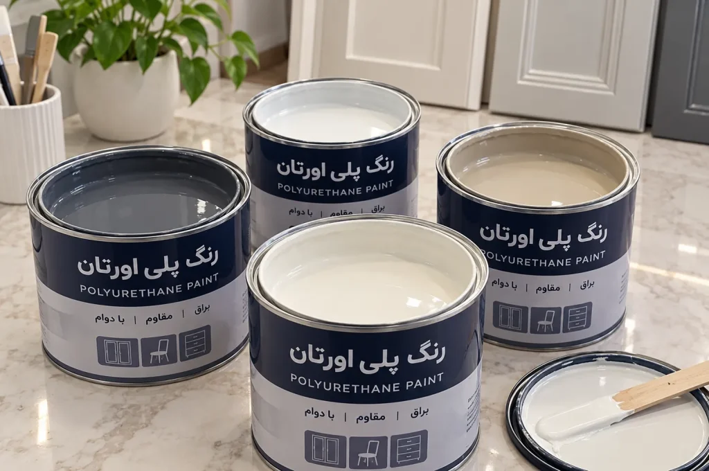 چند سطل رنگ پلی اورتان در رنگ‌های مختلف روی میز کار، مناسب رنگ‌آمیزی کابینت آشپزخانه، کمد و مصنوعات چوبی