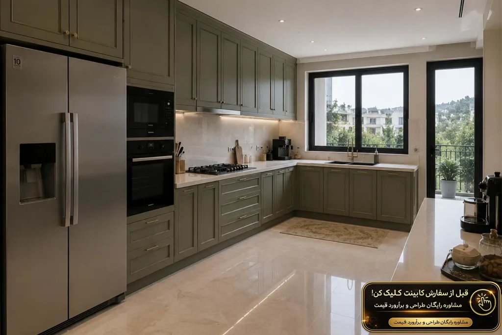 کابینت نئوکلاسیک سبز زیتونی با پنجره بزرگ و نور طبیعی