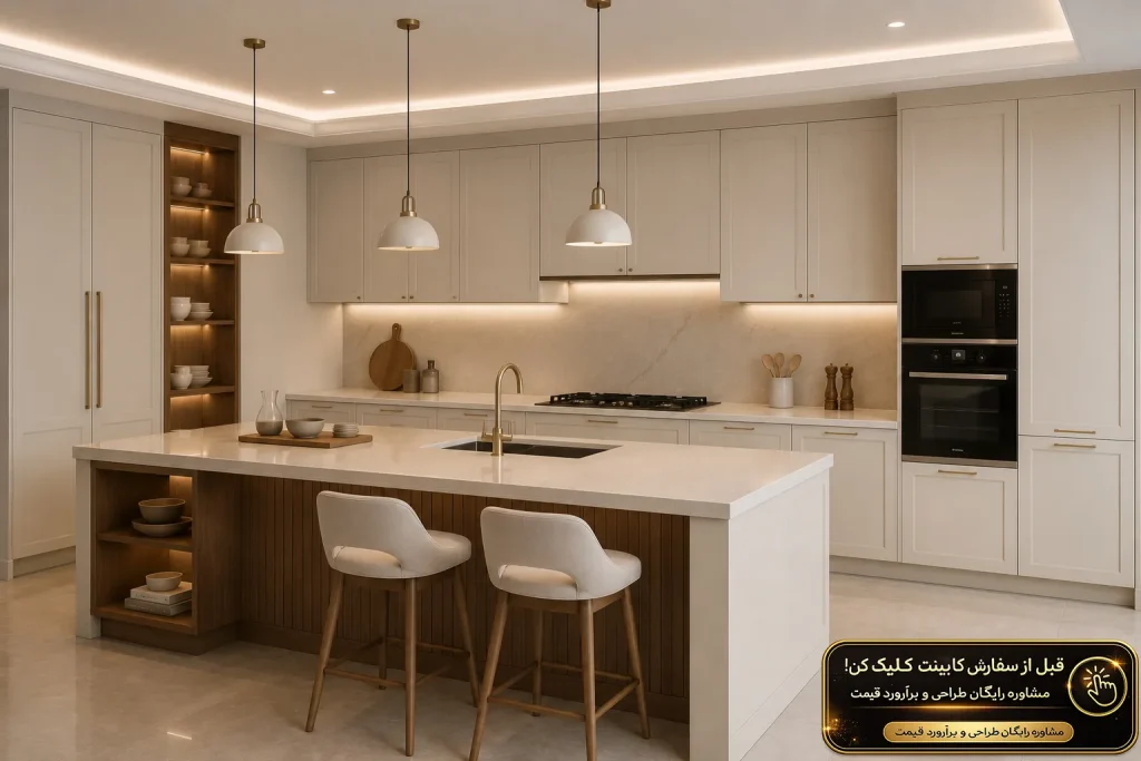 کابینت نئوکلاسیک کرم روشن با پنجره بزرگ و نور طبیعی
