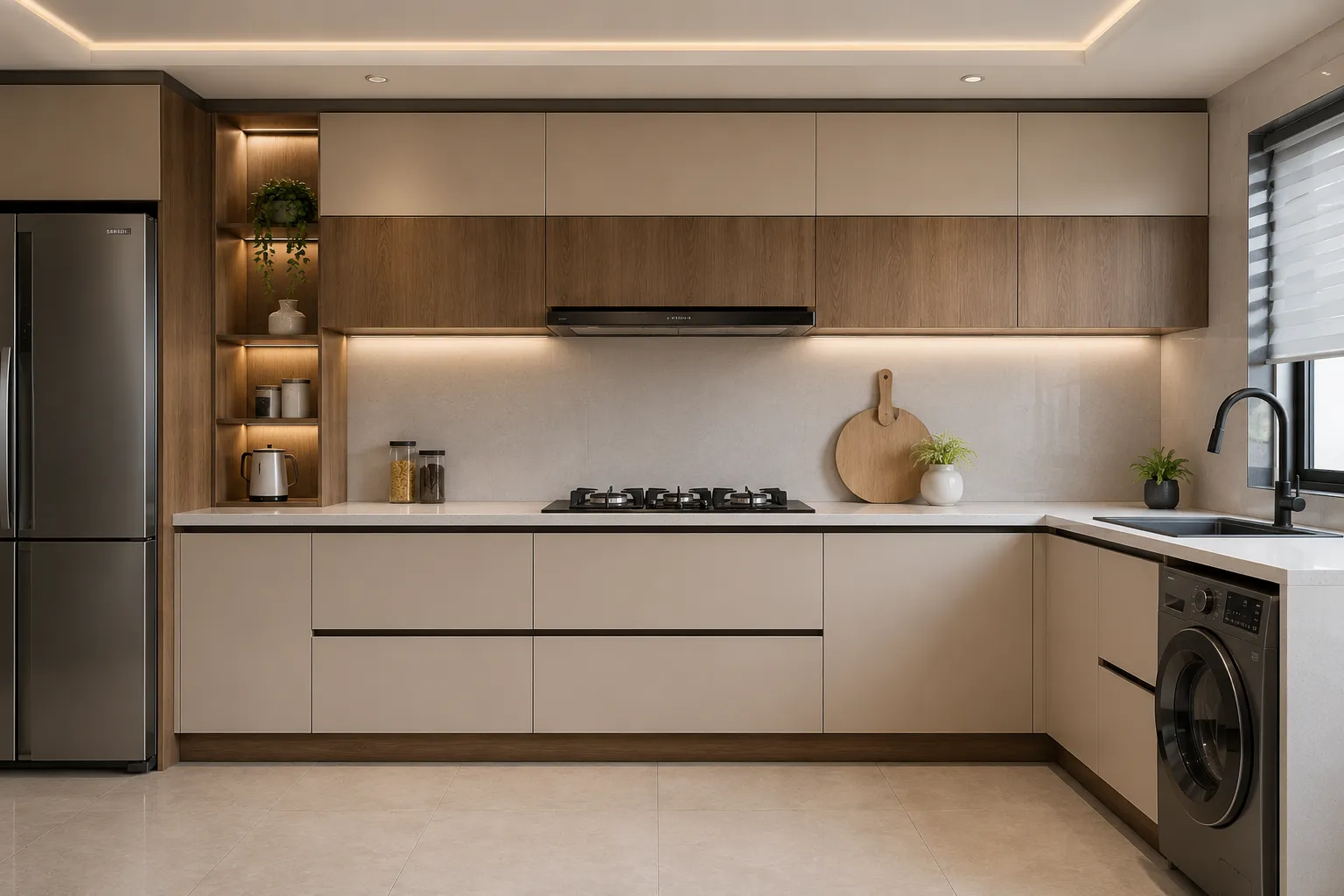 کابینت MDF رنگ بژ و طرح چوب از نمای رو به رو