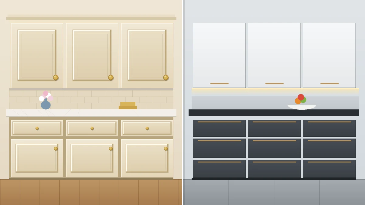 مقایسه کابینت کلاسیک و مدرن در یک تصویر: کابینت قاب‌دار کرم با دستگیره طلایی در کنار کابینت ساده گرافیتی با دستگیره باریک برنجی