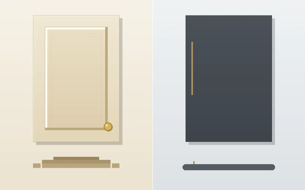 مقایسه کابینت کلاسیک و مدرن از نظر مدل درب: درب قاب‌دار با پنل برجسته در برابر درب تخت و ساده