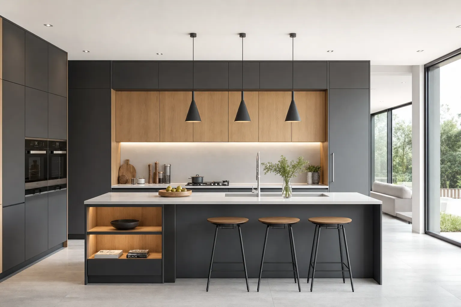 کابینت مدرن آشپزخانه با ترکیب رنگ طوسی مات و چوب با طراحی مینیمال